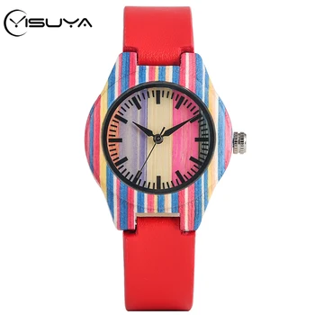 

YISUYA Superb Colorful Stripes Wooden Watch Women's Watches Creative Red PU Leather 12-Hours Display Round Dial Female Top Gifts