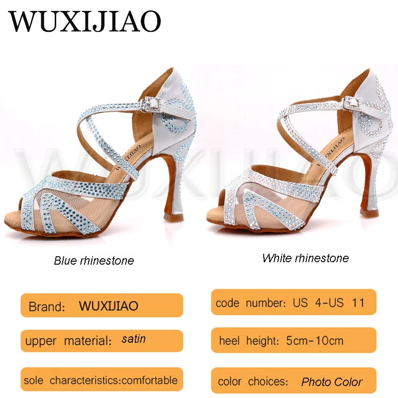 Goedkoop WUXIJIAO diamant zilver satijn Latin dansschoenen dames salsa party rhinestone stijldansen schoenen vrouwen schoenen 9cm