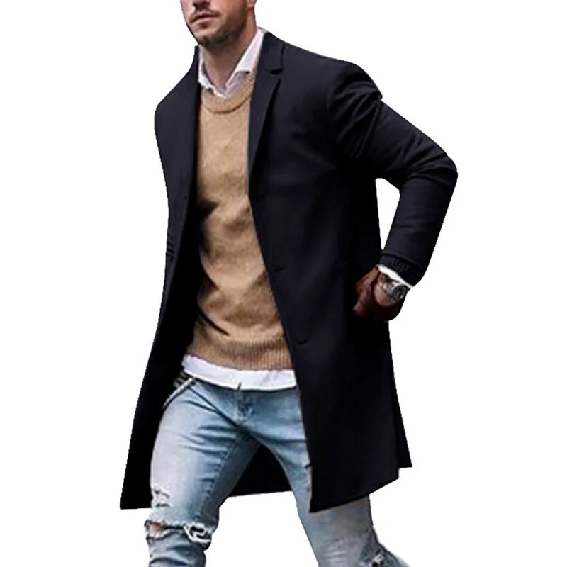 Мужское пальто, Зимняя шерстяная куртка, мужское шерстяное пальто высокого качества, повседневное приталенное шерстяное пальто с воротником, мужское длинное пальто-Тренч - Цвет: black