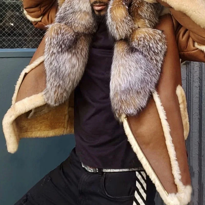 

Men Warm Thicken Coat Loose Lapel Collar Faux Fur Zipper Autumn Winter Outerwear Casual Parka Jackets Plus Size