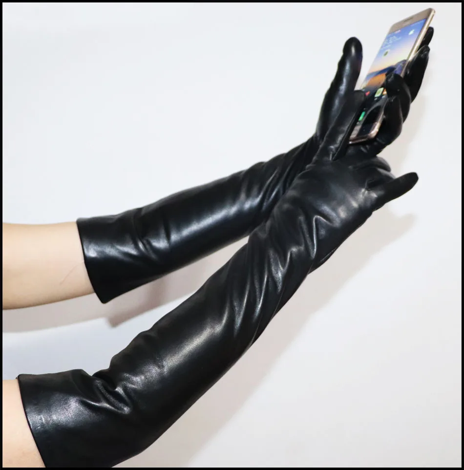 Extended Leather Gloves Ladies Sheepskin Mid-long Winter Warm Leather Sleeves Plus Velvet Thickened Driving Touch Screen Women's