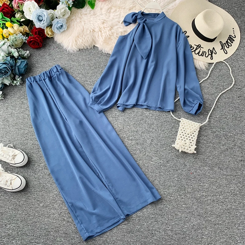 Autumn Women Off Shoulder Bowknot Pullover Suits Blouse &amp Long Leg Pants Urban Ladies Sleeves Elegant Solid 2 Piece Set | Женская