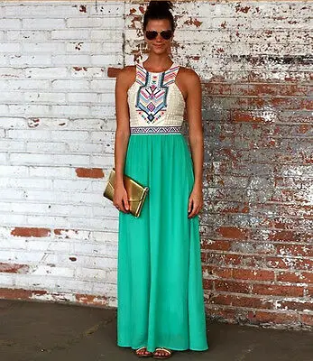 

Fashion Women Ladies Stylish Printed Sexy Halter Neck Sling Boho Sleeveless Summer Casual Long Maxi Strap Dress Beach Party Wear