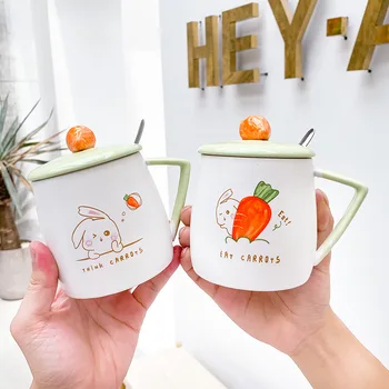 

Korean Style Cute Radish Rabbit Ceramic Cup with Lid Spoon Cartoon Home Mug Students Milk Coffee Cup