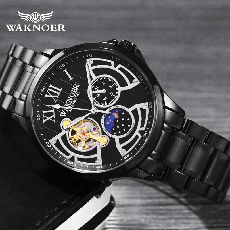 Skup WAKNOER automatyczny zegarek mechaniczny mężczyźni ze stali nierdzewnej wodoodporna faza księżyca Luminous luksusowy biznes Tourbillon zegar Montre Homme