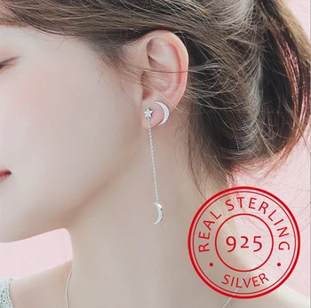 

Korean 925 Sterling Silver Asymmetrical Moon Star Earrings For Women Wedding Jewelry Crystal Long Earring Brincos Pendientes