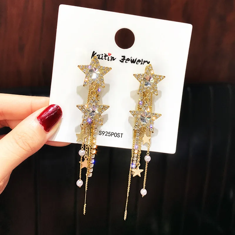 FYUAN Korean Style Star Drop Earrings for Women New Bijoux Long Tassel Shiny Blue Crystal Dangle Earrings Jewelry Accessories