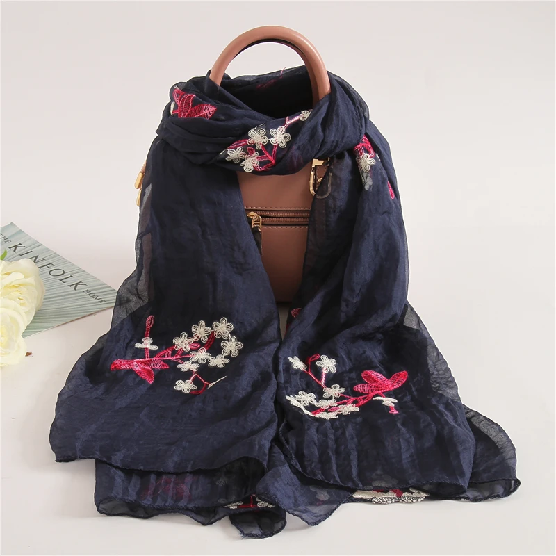 Embroidery Silk Scarves for Women New Fashion Floral Print Shawls and Wraps Thin Long Pashmina Lady Neck Scarf Hijab Femme