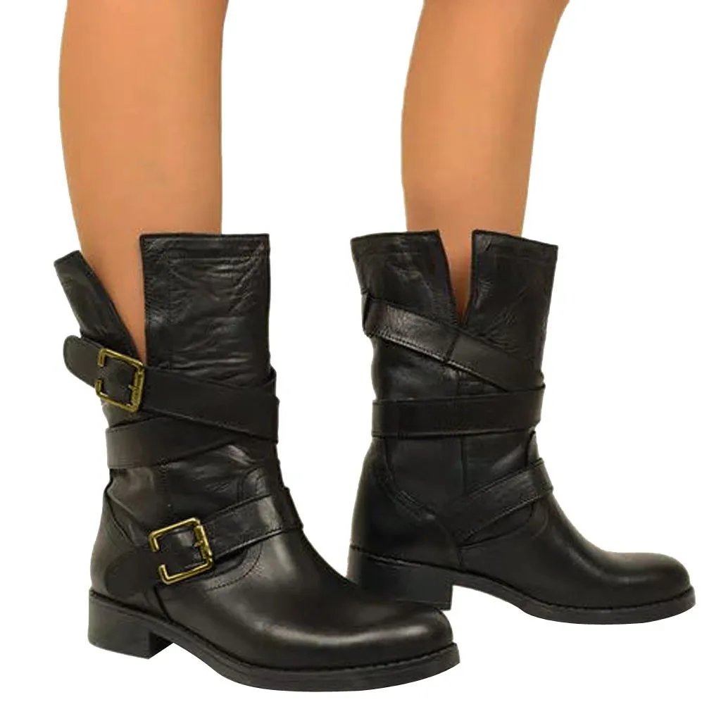 

Snow boots Women Fashion Belt Buckle Boots Retro Casual Large Size Middle Tube Boots Shoes winter Ladies Shoes square heels