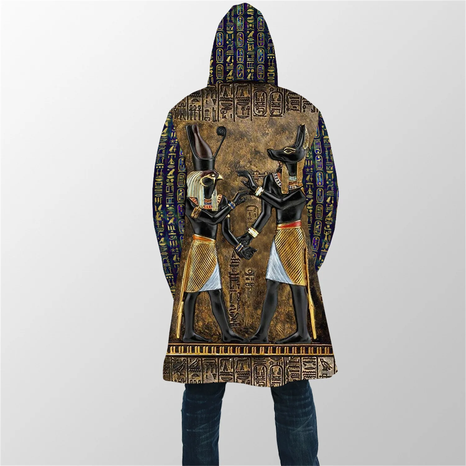 Winter Mode Herren Mantel Alte Ägypten Götter Anubis 3D Druck Fleece Mit Kapuze mantel Unisex Casual Dicke Warme Cape mantel PJ-04 – Detail 6