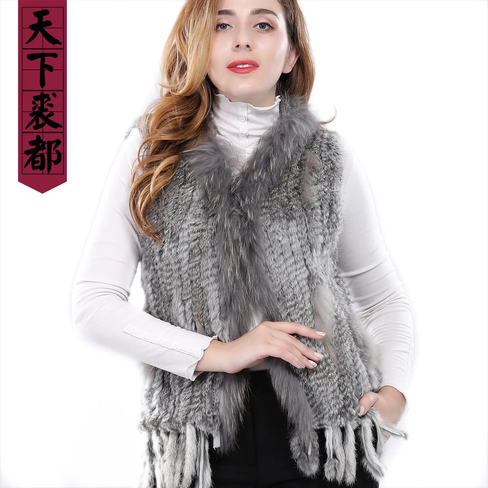 

2019 Natural Rabbit Fur Vest Raccoon Fur Collar Party Waistcoat jackets knitted Gilets women wool vest colete de pele de coelho
