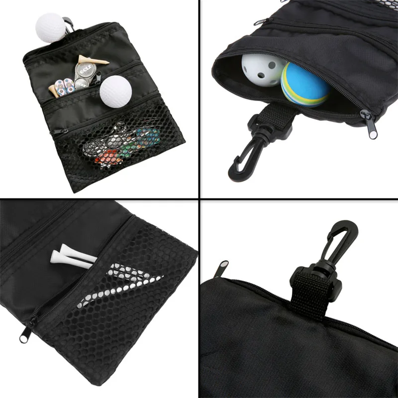 Durable Nylon Zipper Multi Pocket Golf Pouch Bag with Club Cleansing Brush 2 Ft Retractable Zip-Line with Clip Accessories