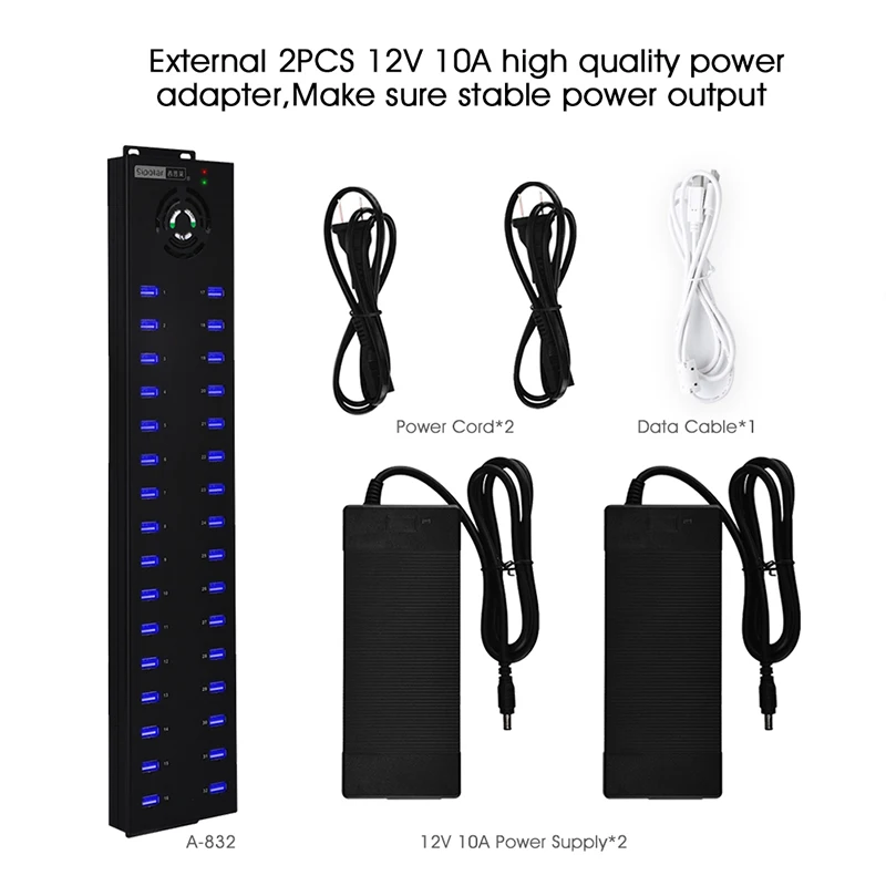 Sipolar Rugged industrial 32 Port USB 2.0 Hub 30 Charger and Syncs Port with 2pcs 12V 10A Desktop Power Adapter for phones A-832 6