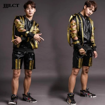 

Motorcycle leather costumes men (shorts + jacket + vest) nightclub male singer DJ hip hop rock DS letter men's clothing