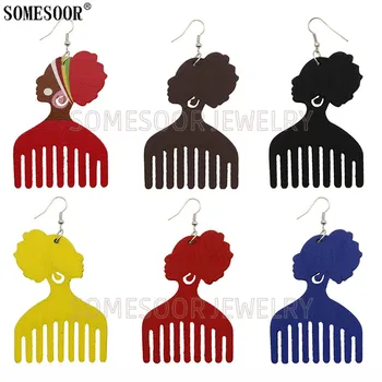 

SOMESOOR Jewelry Laser Cut Comb Ethnic African Woman Figure Exaggerated Hip-Hop Punk Wooden Drop Earrings For Women Gifts