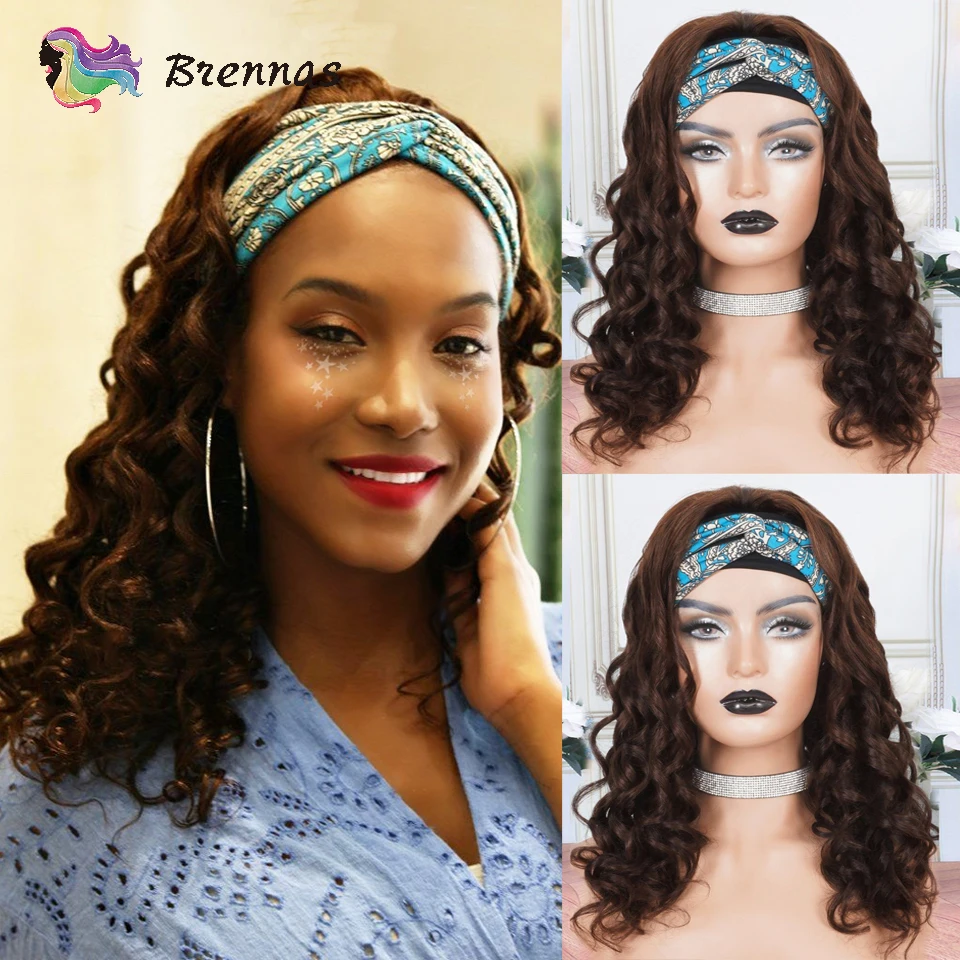 Headband Wig Bouncy Loose Wave Human Hair Wig Dark Brown Color Glueless