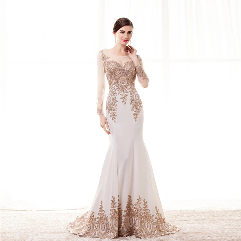 

Elegant Champagne Lace White Satin Tulle Long Sleeve Evening Dresses Mermaid/Trumpet Mother of the bride Dress robe de soirÃ©e