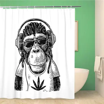 

Bathroom Shower Curtain Monkey in Headphones Sunglasses and Dressed Leaf Vintage Polyester Fabric 72x78 inches