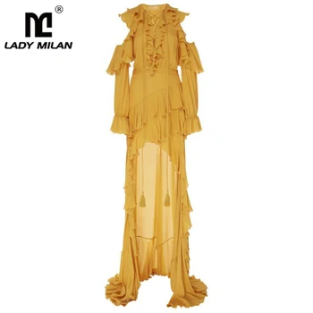 

Women's Runway Dresses Ruffles Sexy V Neck Lace Up Asymmetrical Long Sleeves Elegant Party Prom Hi Low Dresses