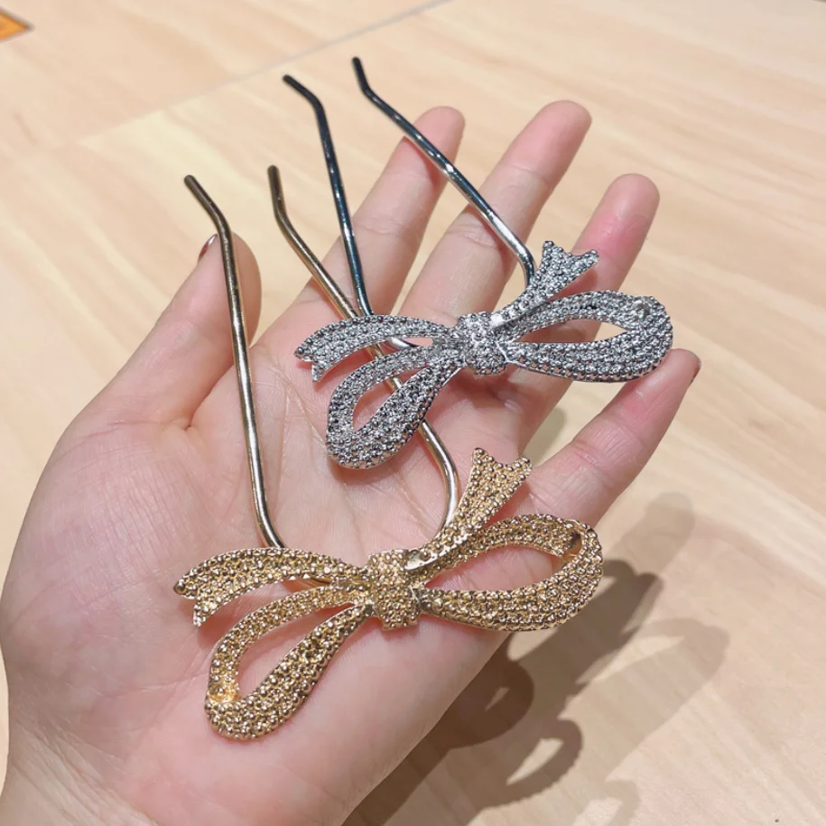 U shape Hair Stick Pin For Women Girls Bride Bowknot Hair Styling Tools Metal Barrettes Clips Bun Maker Accessories
