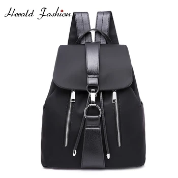 

Anti-theft Nylon Women Backpack Female Fashion Casual Waterproof Patchwork Leather Bag Black School Backpacks Teenager For Girls