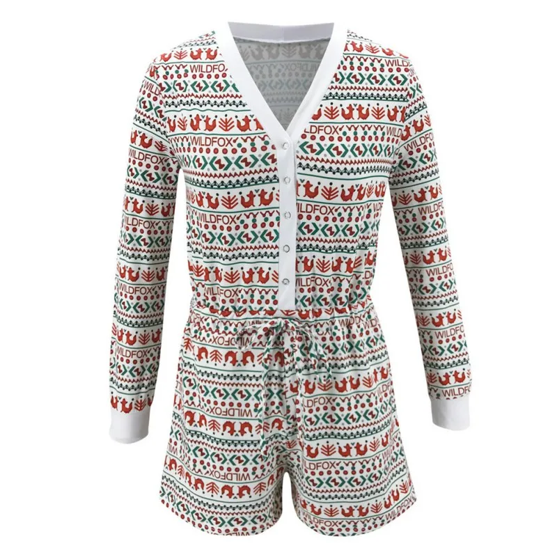 

Casual Jumpsuit v-Neck Printed Playsuits Elastic Waist Rompers Home Long Sleeves Comfortable Autumn Vetements Femmes