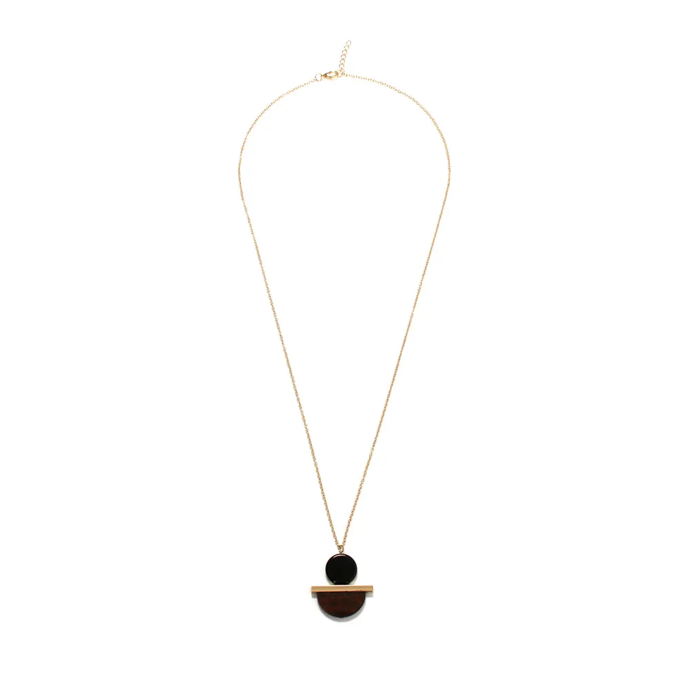 

European And American Minimalist Style WOMEN'S Necklace Geometry round Resin Semicircle Wood Combination Pendant Long Necklace S