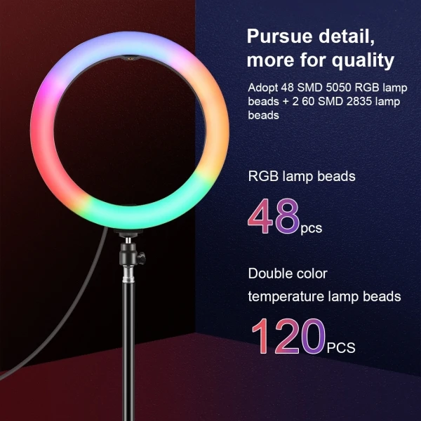 PULUZ 10 inch 26cm LED RGBWW Light+1.1m Tripod Mount 168 Dual-color Temperature Dimmable Ring Light Youtube Vlogging Photography
