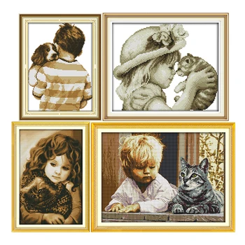 

Kid&pet Series Handmade Counted Cross Stitch Kits 11CT14CT Printed Pattern Crafts DMC on Convas Sewing Needlework Embroidery Set
