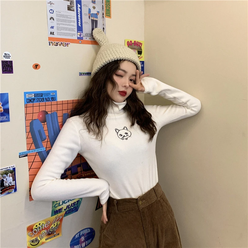 Флисовые футболки с вышитым котом, осенняя Водолазка с длинным рукавом, Harajuku Kawaii, женские теплые облегающие топы, уличная одежда W299