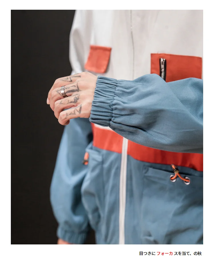 Куртка с капюшоном Мужская модная контрастная цветная Повседневная Рабочая куртка с несколькими карманами Мужская Уличная Хип-хоп Свободная куртка-бомбер M-5XL
