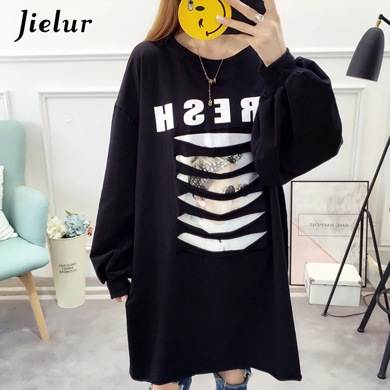 

Jielur Autumn Long Korean Loose Women Hoodies Thin Hipster Casual Letter Printed Female Sweatshirt Vintage Girls Hoody Tops M-XL
