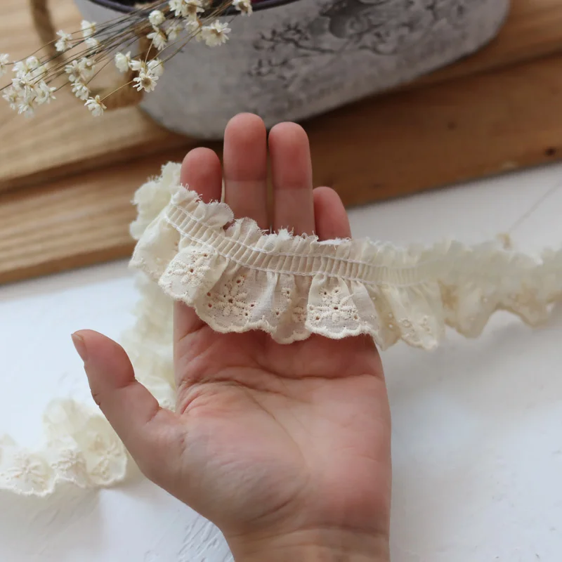 3CM Wide Beige Cotton Pleated Fabric Embroidered Lace Fringe Ribbon Dress Guipure Neckline Cuffs Ruffle Trim DIY Sewing Decor