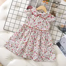 Коллекция года, летние милые хлопковые платья с короткими рукавами и цветочным принтом для девочек платье с отложным воротником и цветочным рисунком для маленьких девочек детское платье для девочек