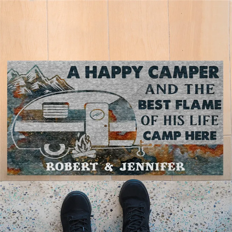 

Personalized A happy camper and the best flame of his life camp here doormat Non Slip Door Floor Mats Decor Porch Doormat