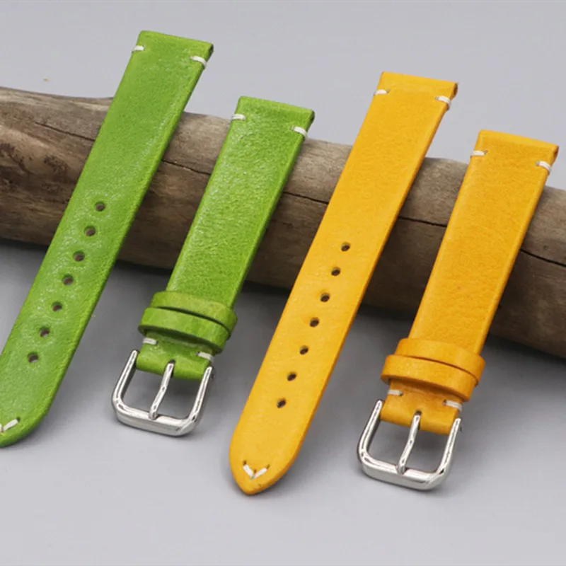 

Thin Genuine Leather Watchbands Red Green Blue Yellow Smooth Wrist Watch Band Strap 18mm 20mm 22mm Belt With Steel Pin Buckle
