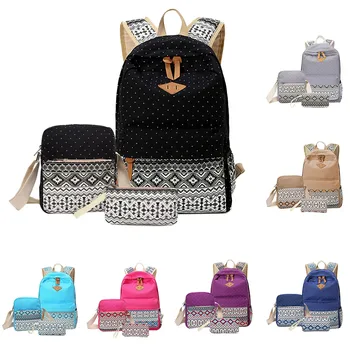 

3 pcs/set Polka Dot Printing Women Backpack Cute Lightweight Canvas Bookbags Middle High School Bags for Teenage Girls, Purple