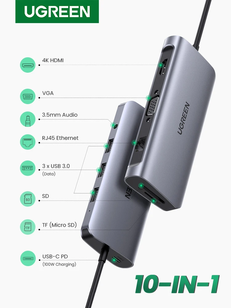 Концентратор UGREEN 10 в 1 USB Type C к HDMI 4K 3 0 VGA PD 5 мм полнофункциональный концентратор
