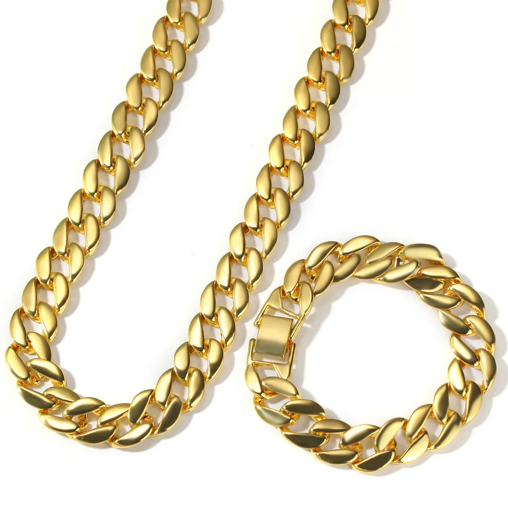 

Miami Cuban Link Chain Necklace Bracelet Set Gold Silver Color Men's Hip Hop Jewelry Sets Gifts
