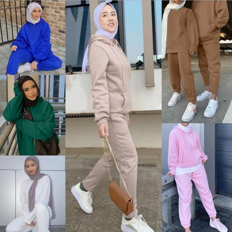 

2 Piece Women's Sports Pure Color Hooded Sweatshirt Sweatshirt Set Fleece Hooded Sweatsuit Sportive ​Muslim Set Turke Keep warm