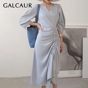 

GALCAUR Drawstring Ruched Women's Dresses Three Quarter Sleeve High Waist Asymmetrical Autumn Dress Female Fashion 2020 Clothing