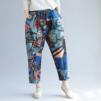 

2019 Autumn Women Female Fashion Korea Style Abstract Printing Cotton Office Lady Oversized Pant Elastic Waist Harem Trouser
