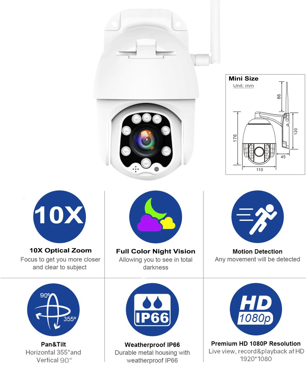 1080P HD PTZ WiFi камера 4X 10X Zoom наружная CCTV камера Домашняя безопасность ip-камера полноцветная ночное видение Обнаружение движения оповещение