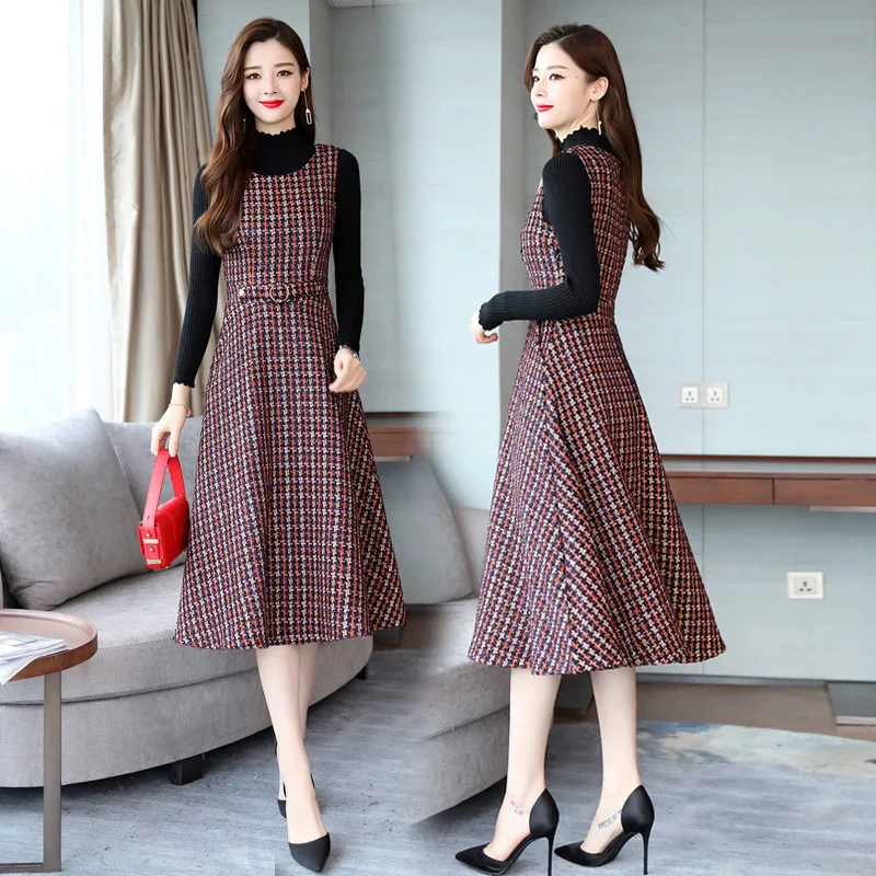

2019 New Style Korean-style Fashion Set Thousands of Birds Sub-Woolen Vest Women's Autumn And Winter Sweater Two-Piece Set Long