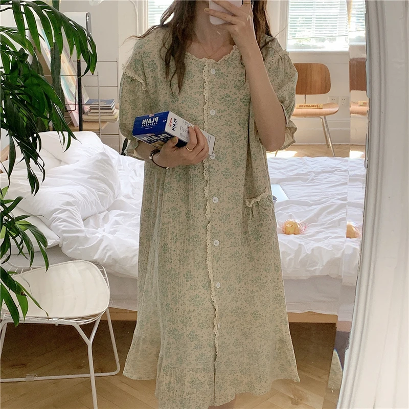 Cotton Night Dress Women Floral Print Sleepwear Lace Nightgown Vintage Nightwear Long Dress Gown Kawaii Single Breasted Shirts