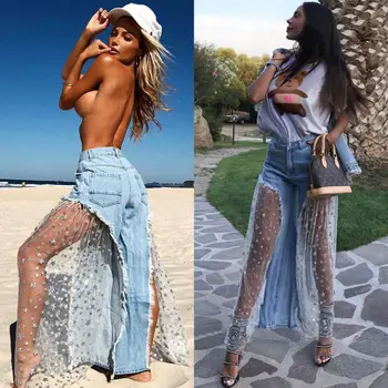 

S-XL Women Boot Cut Denim Lace Star Printed Patchwork Jeans Ladies Tulle Splice High Waist Button See-through Wide Leg Pants