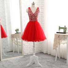Милое красное короткое платье с v-образным вырезом Vestidos De Festa, украшенное стразами, бисероплетение, а-силуэт, платья с открытой спиной Короткие Выпускной вечеринка, платья