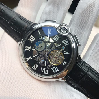 

Silver case black dial Skeleton luxury men Automatic self-wind watch Glass open back 44mm 1:1 leather strap AAA quality 05