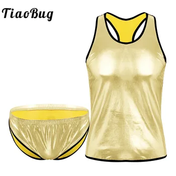 

TiaoBug Men Shiny Metallic Racer Back Vest Tank Tops with Elastic Waist Briefs Set Club Party Performance Festival Rave Costume