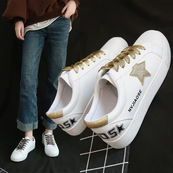 

Stars Golden Shoes for Women Korean Style Casual Low Top Sneakers Flat Sole Soft Leather Zapatos De Mujer Fashion Scarpe Donna